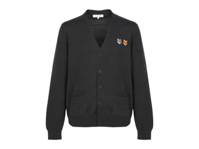 Pre-owned Maison Kitsuné Men's Maison Kitsune Double Bold Fox Head Cardigan In Charcoal In Gray