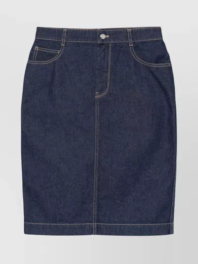 Maison Kitsuné Midi Denim Skirt With Rear Slit In Blue