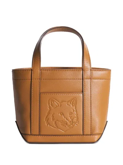 Maison Kitsuné Mini Fox-head Embossed Leather Tote Bag In Brown