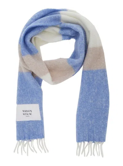 Maison Kitsuné Multicolour Artistic Scarf With Soft Texture In Blue