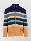 Maison Kitsuné Striped Cable Zipped Cardigan In Navy/chamomile