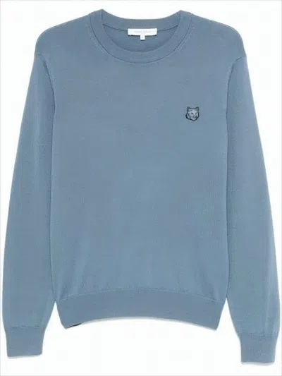 Maison Kitsuné Muted Blue Fine Wool Sweater With Embroidered Fox Emblem
