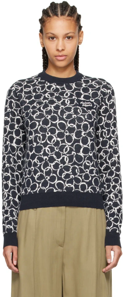 Maison Kitsuné Navy Abstract Daisy Sweater In P476 Ink Blue