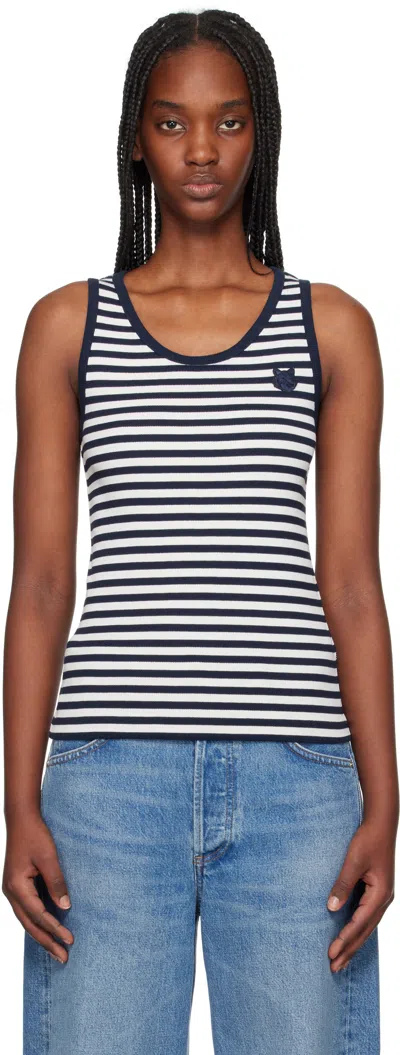 MAISON KITSUNÉ NAVY & OFF-WHITE BOLD FOX HEAD PATCH MULTI STRIPES RIBBED TANK TOP