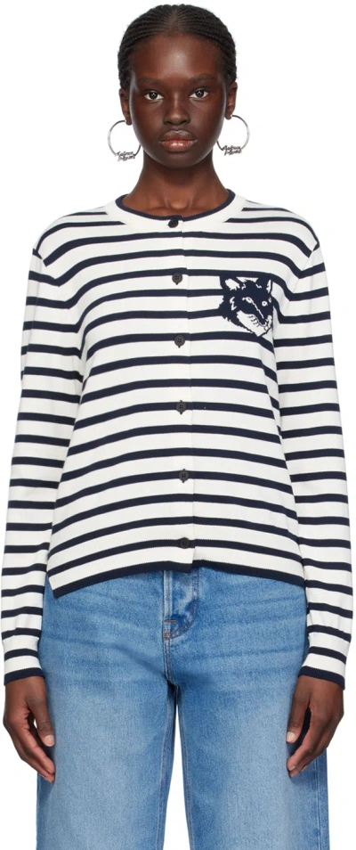 Maison Kitsuné Striped Cardigan With Fox Embroidery In S492 Navy/off-white