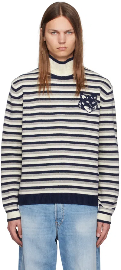 Maison Kitsuné Navy & White Fox Head Intarsia Striped Turtleneck In Blue