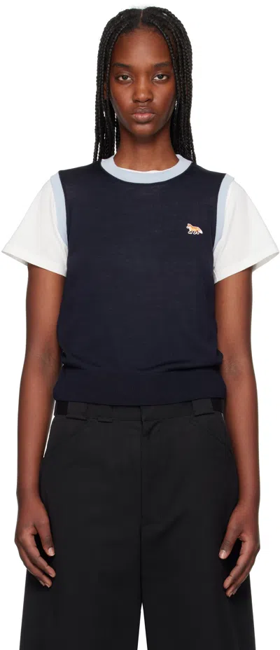 Maison Kitsuné Navy Baby Fox Patch Bi-color Knitted Tank Top In P480 Navy