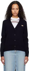 Maison Kitsuné Oversized Blue Cardigan 100% Wool With Fox Patch In Grey