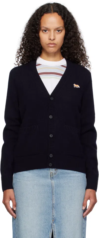 Maison Kitsuné Oversized Blue Cardigan 100% Wool With Fox Patch In Grey