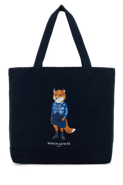 Maison Kitsuné Navy Blue Canvas Shopping Bag In Black