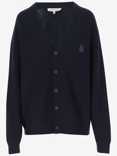 MAISON KITSUNÉ NAVY BLUE FOX HEAD PATCH RIBBED CARDIGAN