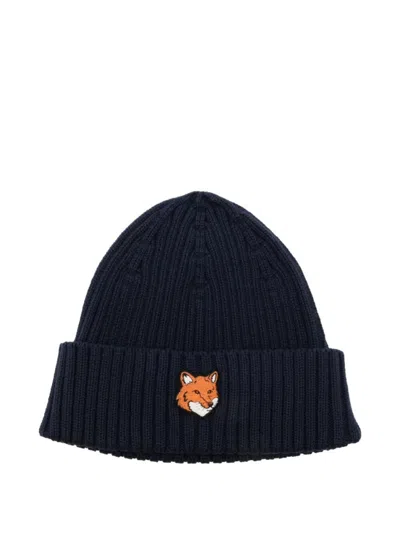 Maison Kitsuné Navy Blue Logo Patch Beanie Hat In Black