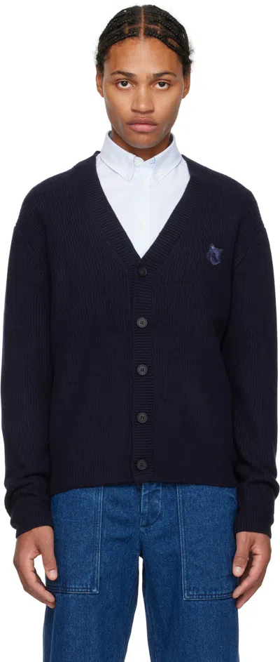 Maison Kitsuné Wool Blend Cardigan With Embroidered Foxy Patch On The Front In Blue