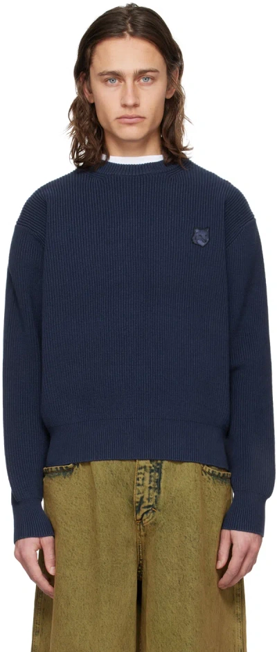 Maison Kitsuné Navy Bold Fox Head Patch Comfort Ribbed Sweater In P476 Ink Blue