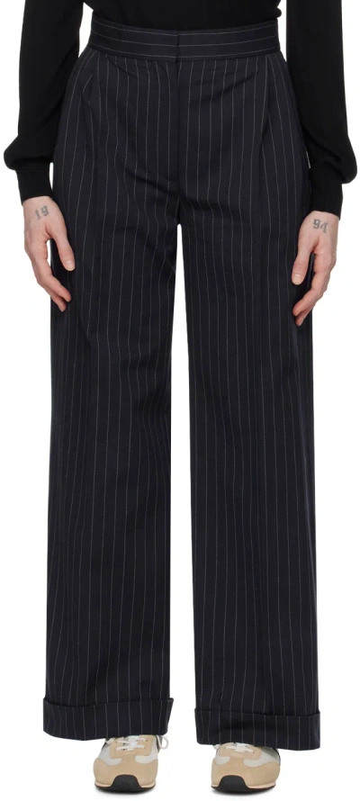 Maison Kitsuné Navy Double Pleats Trousers In S480 Navy Stripes