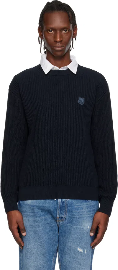 Maison Kitsuné Navy Fox Head Cotton Ribbed Sweater In Blue