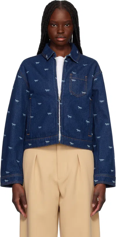 Maison Kitsuné Navy Zipped Cropped Denim Jacket In 0202 Dark Laser Prof
