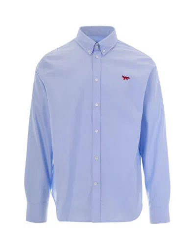 Maison Kitsuné Oxford Cotton Casual Shirt With Embroidered Fox Profile In Blue