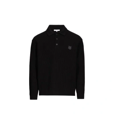 Maison Kitsuné Polo À Manches Longues En Laine In Black