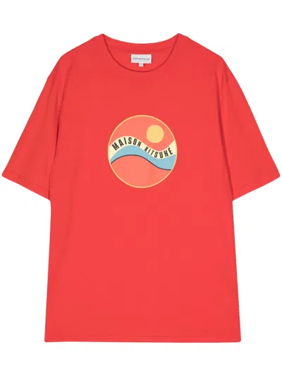 Maison Kitsuné Pop Wave-print Cotton T-shirt In Red
