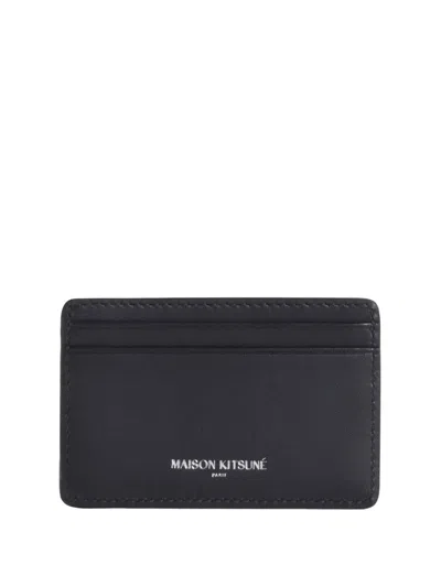 Maison Kitsuné Grained Leather Cardholder With Embossed Logo In Black