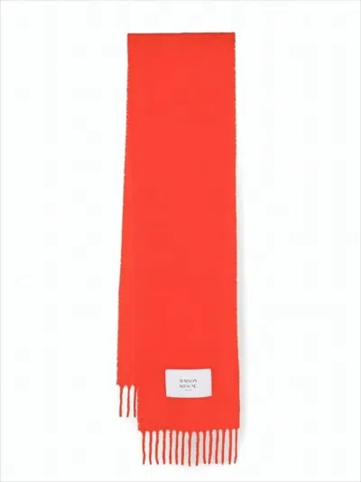 Maison Kitsuné Rectangular Red Scarf With Fringed Edges In Orange