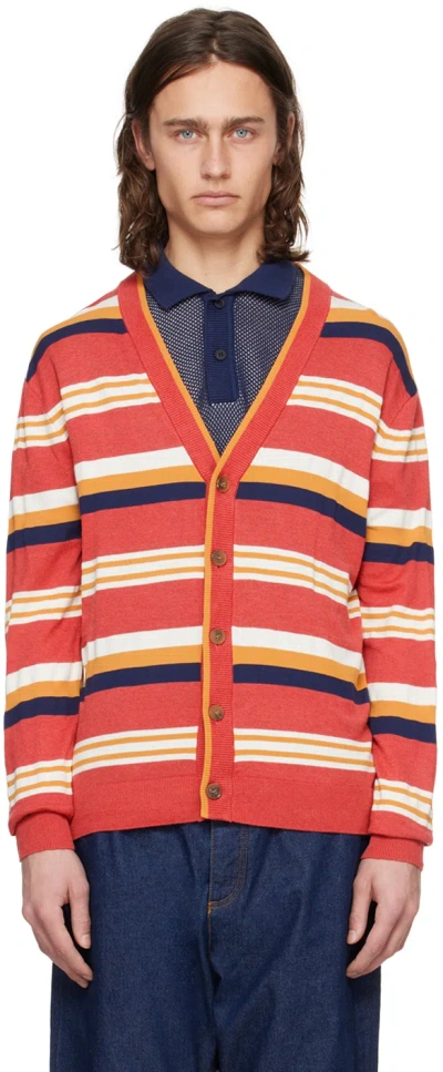 Maison Kitsuné Red Striped Cardigan In S646 Hibiscus/ink