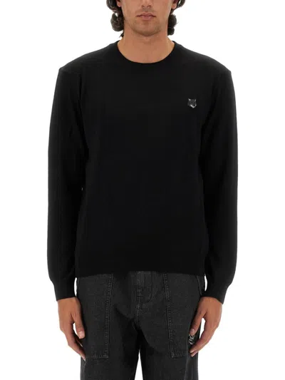 Maison Kitsuné Regular Fit Black Wool Jumper With Patch Detail