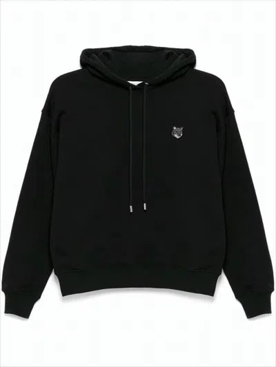 MAISON KITSUNÉ RELAXED FIT BLACK HOODIE WITH DRAWSTRING HOOD AND EMBROIDERED DETAIL