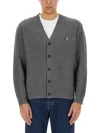 Maison Kitsuné Wool Blend Cardigan With Embroidered Foxy Patch On The Front In Gray