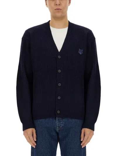 Maison Kitsuné Bold Fox Head Patch Regular Cardigan In Lambswool In Blue