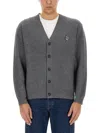 Maison Kitsuné Wool Blend Cardigan With Embroidered Foxy Patch On The Front In Gray