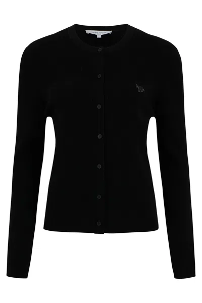 Maison Kitsuné Ribbed Crewneck Knit Cardigan Long Sleeve In Black