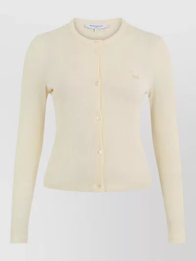 Maison Kitsuné Ribbed Knit Crew Neck Fitted Cardigan In Neutral