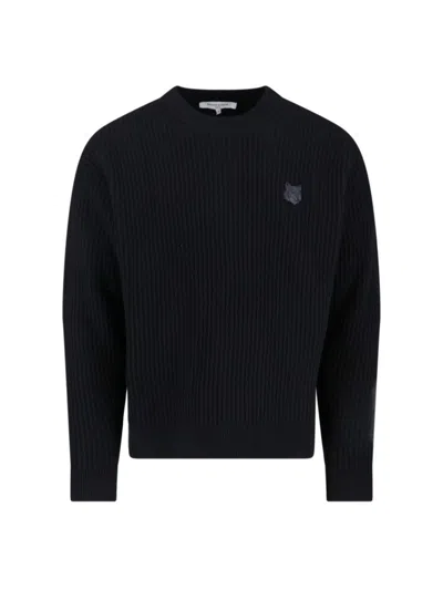 MAISON KITSUNÉ RIBBED KNIT SWEATER WITH CROPPED FIT AND EMBROIDERED EMBLEM
