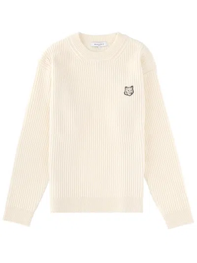 Maison Kitsuné Ribbed Knit With Fox Patch In Neutral
