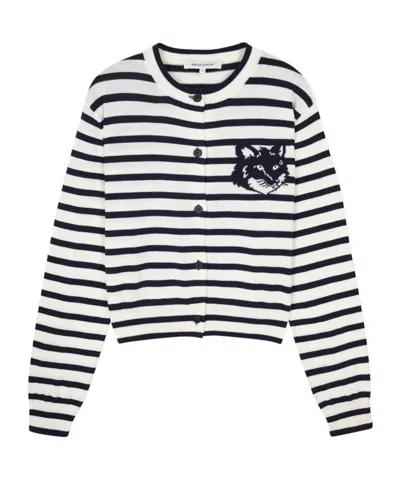 Maison Kitsuné Round-collar And Long-sleeved Knitted Cardigan In White