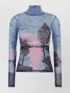 Maison Kitsuné Scenic Print Turtleneck Slim Fit Top In Blue