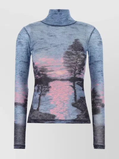 Maison Kitsuné Scenic Print Turtleneck Slim Fit Top In Blue