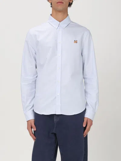 Maison Kitsuné Men's White Cotton Shirt With Fox Embroidery In Blau