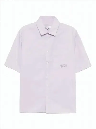 Maison Kitsuné Short-sleeved Pink Cotton Shirt With Classic Collar And Embroidered Detail In White