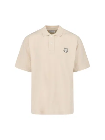 Maison Kitsuné Short-sleeved Polo Shirt With Classic Collar And Embroidered Emblem In Neutral