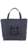 Maison Kitsuné Spacious Cotton Canvas Tote Bag With Embroidered Logo In Gray
