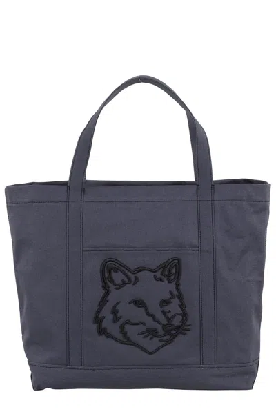 Maison Kitsuné Spacious Cotton Canvas Tote Bag With Embroidered Logo In Gray