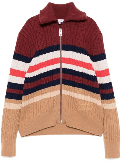 Maison Kitsuné Cable Knit Striped High Neck Cardigan In Multi