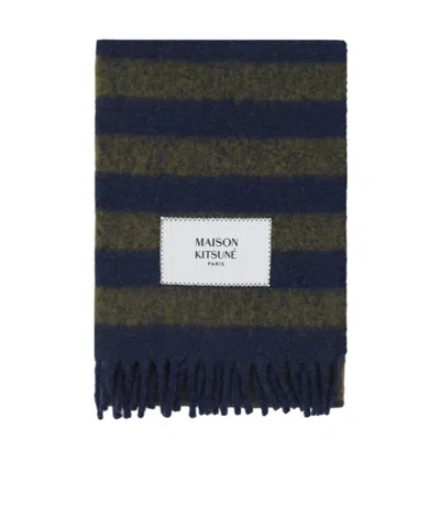 Maison Kitsuné Striped Fringed Knit Scarf In Green