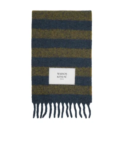 Maison Kitsuné Striped Fringed Scarf In Khaki