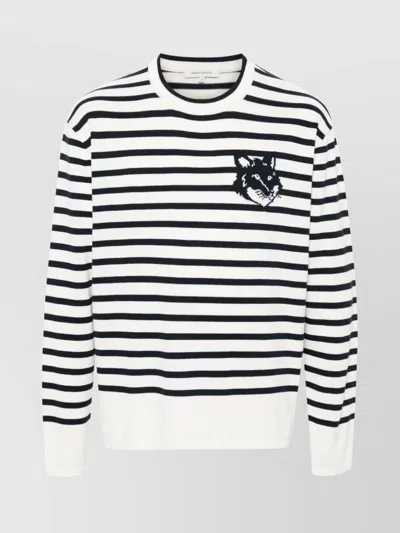 Maison Kitsuné Striped Knitted Crewneck Sweater With Long Sleeves In Black