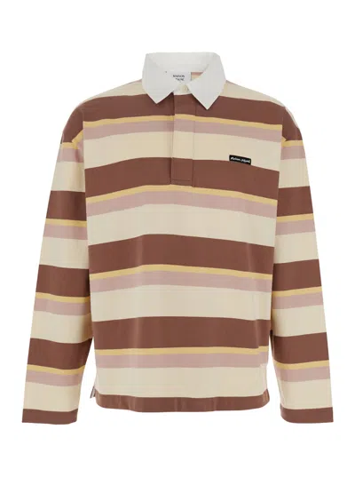 MAISON KITSUNÉ MULTICOLOR OVERSIZE POLO SHIRT WITH LOGO PATCH ON THE FRONT AND ALL-OVER STRIPED MOTIF IN COTTON MAN