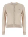 Maison Kitsuné Beige Cropped Cardigan With Round Neck And Logo Embroidery On The Front In Wool Woman